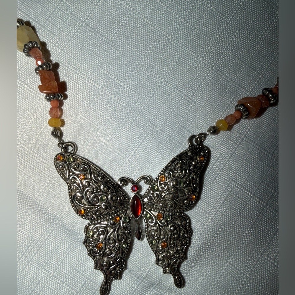 RARE MARCASITE & CRYSTAL BUTTERFLY STATEMENT PIECE NECKLACE & EARRINGS SET